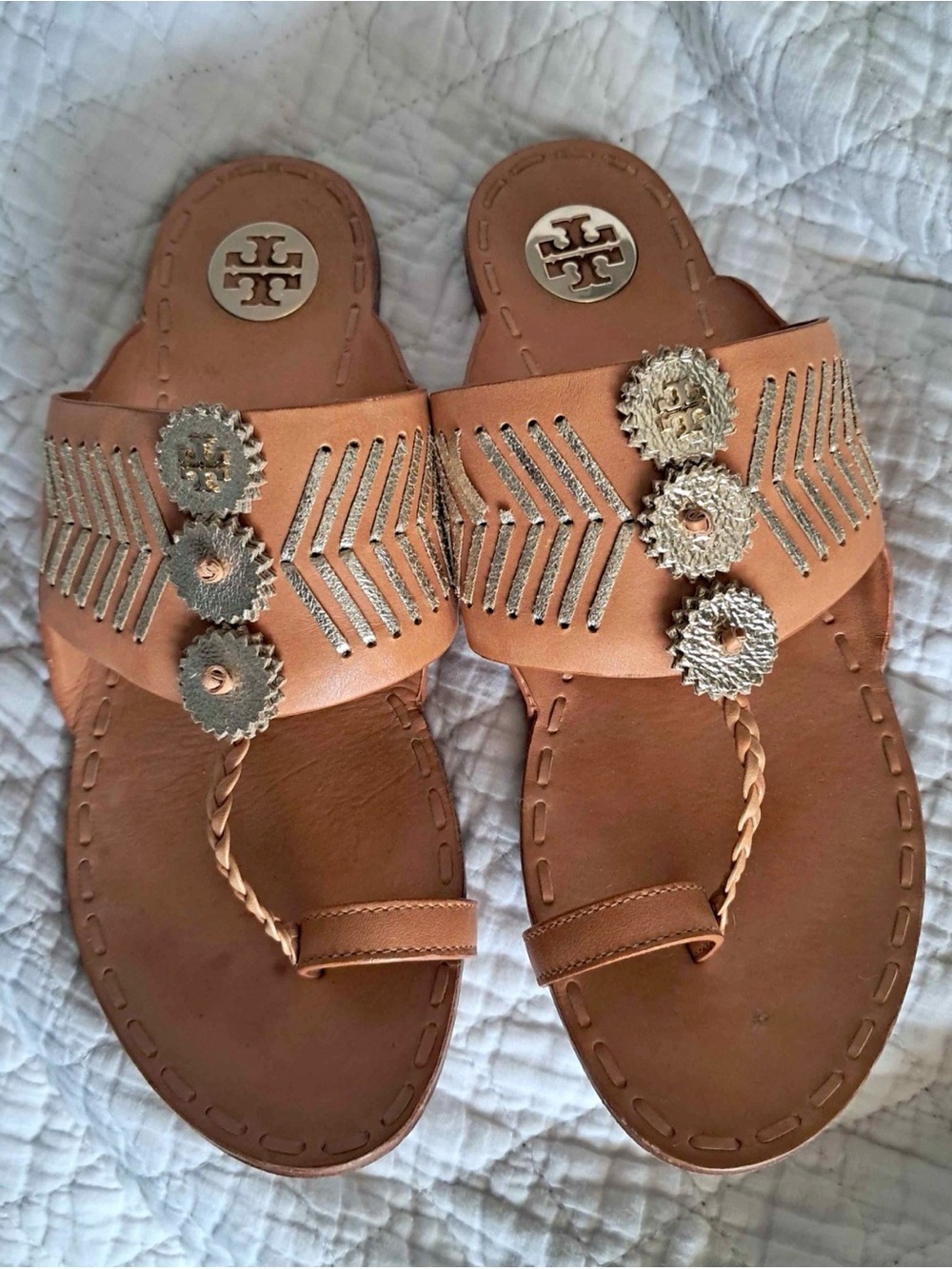 Tory Burch Tan Leather Braided Toe Slide Sandals with Metallic Accents